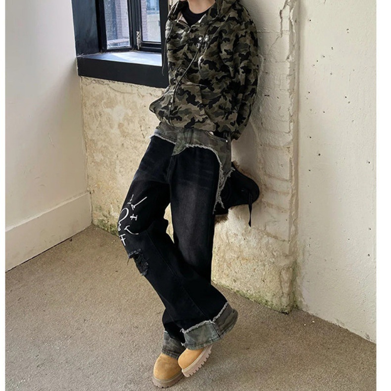 European And American Hip Hop Niche Patchwork Jeans Men's American Street Style Loose Casual Washed Ripped Straight Leg Jeans_mkmklike.com