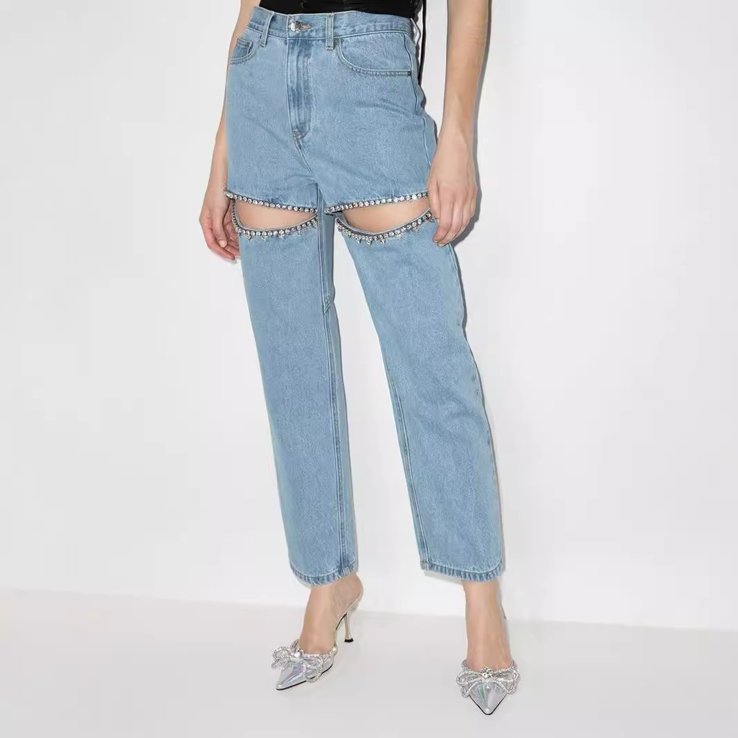 Neue, grenzüberschreitende Modekollektion 2025: Europäische und amerikanische Strassdesigns, durchbrochene Waschung, vielseitiges High-Waist-Hemd mit geradem Bein_voghion.com