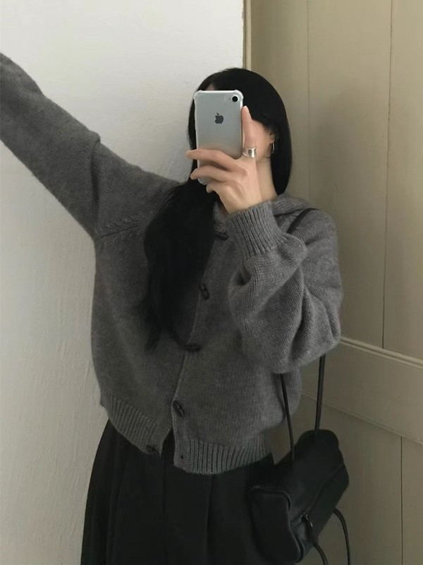 韩系复古牛角扣连帽毛衣开衫女宽松秋冬新款慵懒风显瘦针织衫外套|undefined