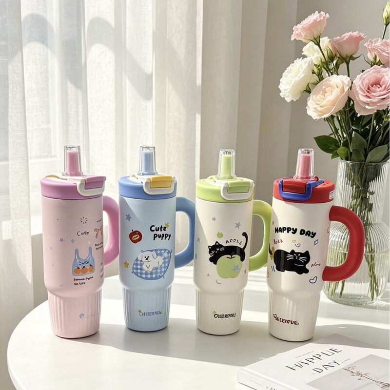 New Stylish Stainless Steel Thermos Cup with Cartoon Design, Straw Handle, Large Capacity, Customizable Ice Cup for Girls