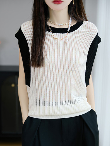 New summer thin 100% Lysel tensel knitted shirt hollow round collar color matching cool T-shirt