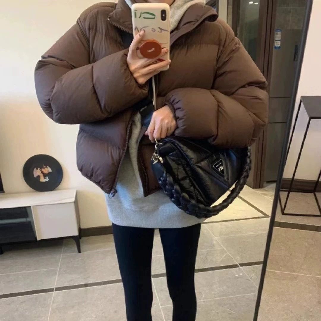Women's Coffee Brown Puffer Down Coat Stand Collar Short Fit_voghion.com