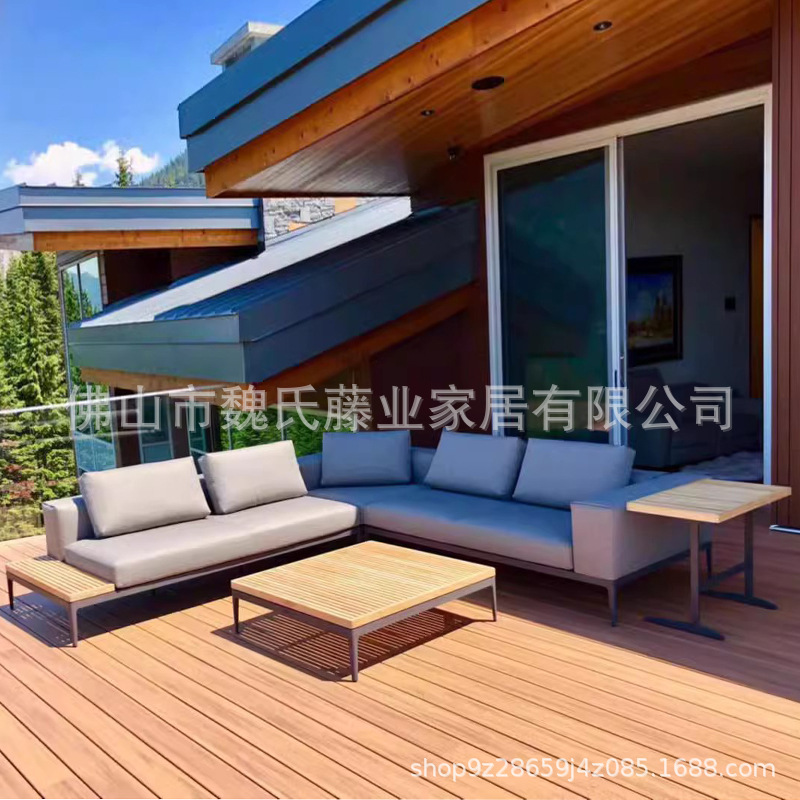 Sofá al aire libre impermeable protección solar patio de villa muebles de teca al aire libre combinación de sofá de esquina de aleación de aluminio moderno