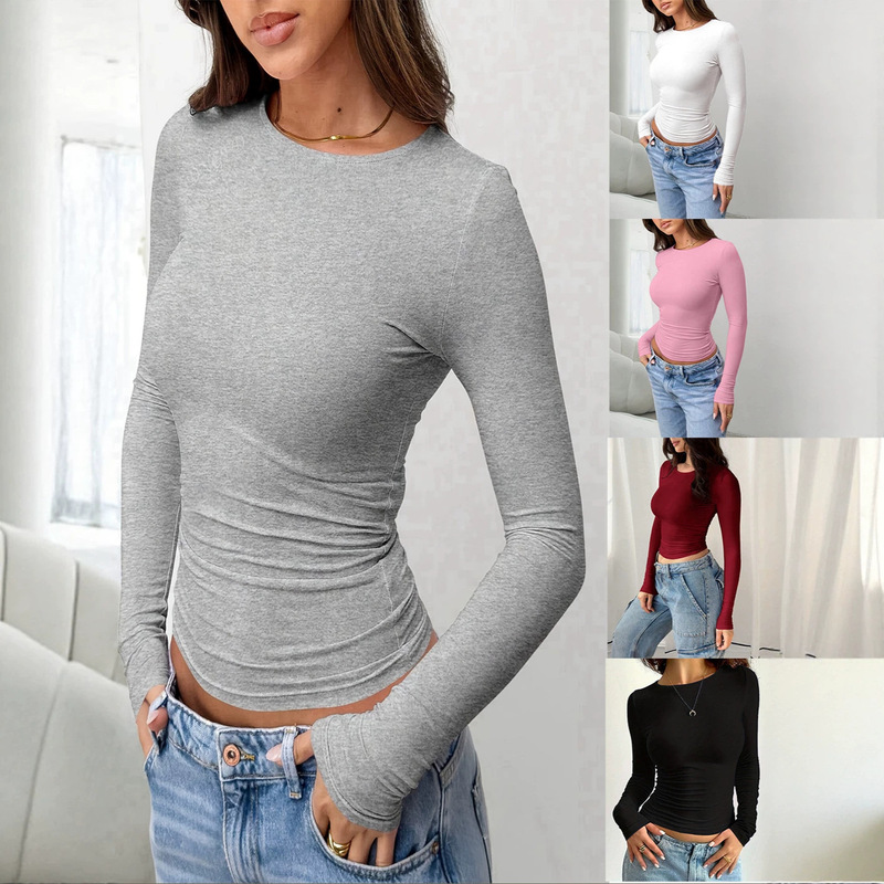 Cross-Border European and American Women's Long-Sleeved T-Shirt, Spring and Autumn Base Shirt, Round Neck Casual Long-Sleeved T-Shirt, Solid Color Slim-Fit Pullover Top