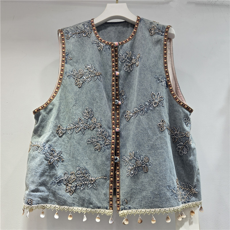 Europa industria pesada bordada chaleco de vaqueros mujeres 2026 primavera sin mangas cuello redondo clavos de perla estilo nacional cardigan abrigo temperamento de la marea image 1