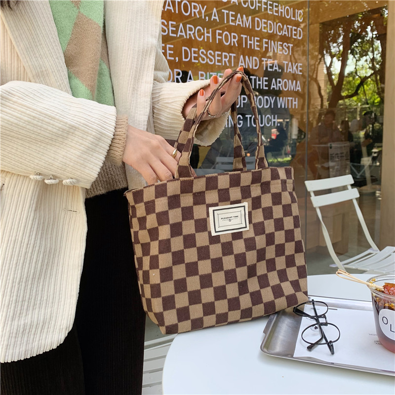 11261 Corduroy checkered hand-held bento Bag, ins Artistic Retro Mommy Bag, small carrying bag for going out, lunch box bag undefined