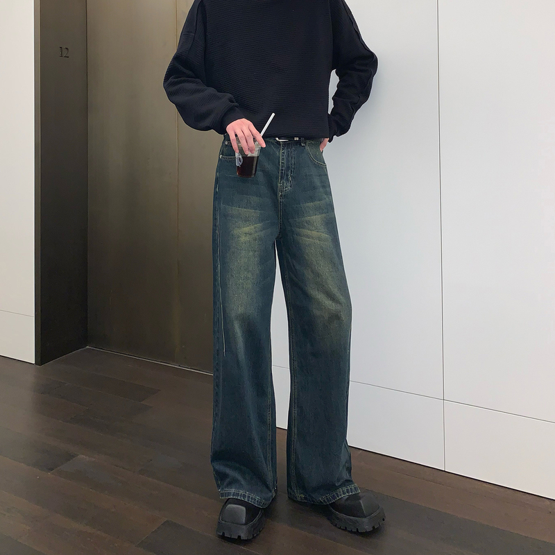 [Celebrity Same Style] Cuibuju Retro Distressed Washed Jeans Straight Wide Leg Loose Casual Pants for Men and Women