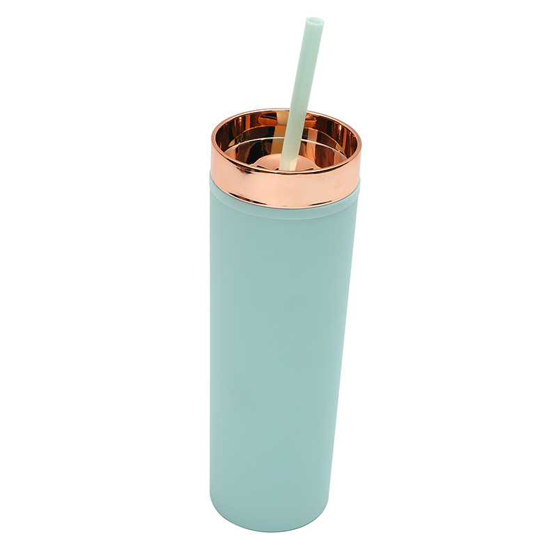 Transfronterizo Amazon Spot 16OZ Taza de paja recta Taza de plástico de doble capa con tapa de oro rosa Taza de agua de pintura de goma esmerilada