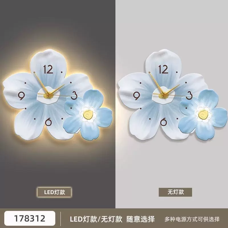 小清新客厅钟表装饰画led发光画壁灯奶油风餐厅时钟挂墙花卉挂钟