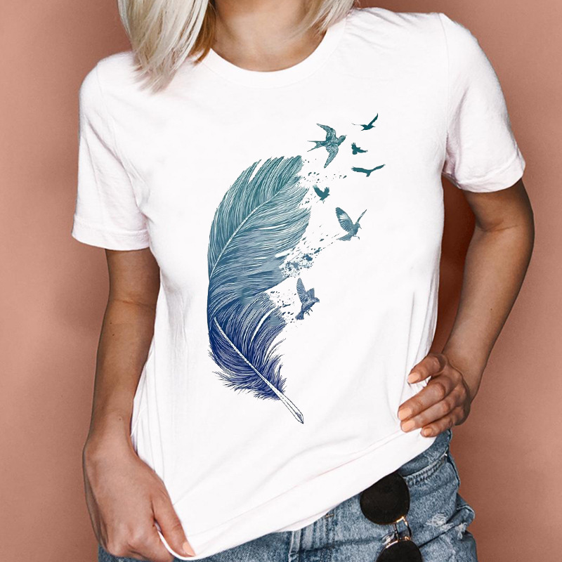 Foreign Trade Ladies Feather Printed T-shirt Women's 90 s Fashion Feather Printed Clothing Short Sleeve Watercolor