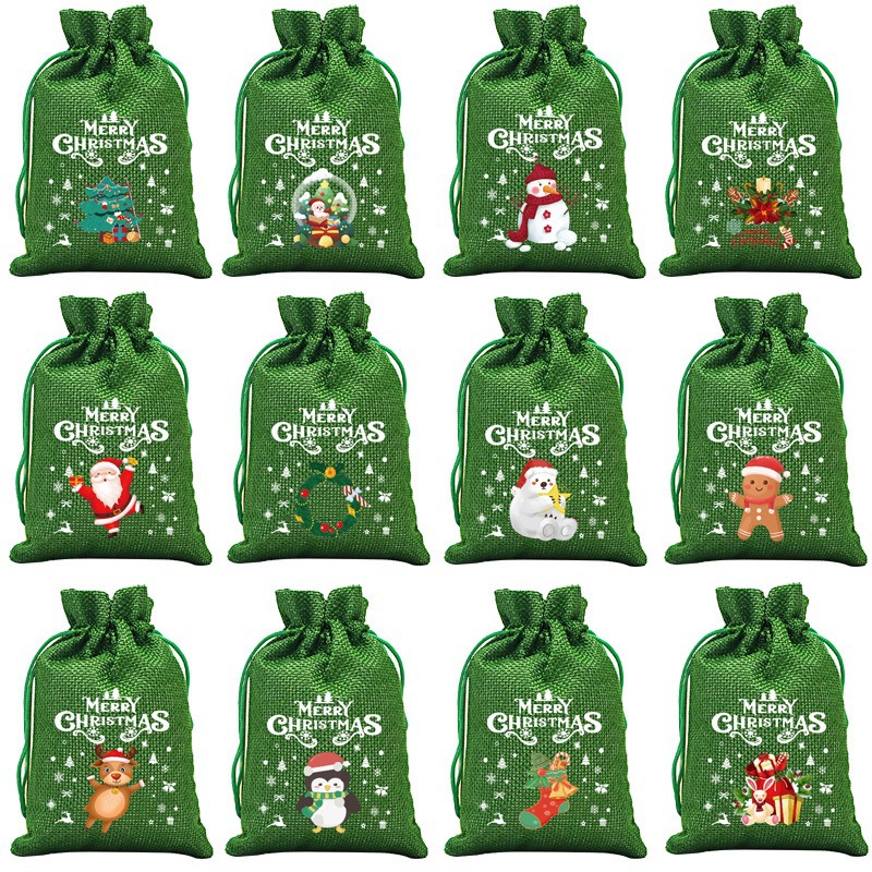 跨境批发圣诞绿礼品袋圣诞老人抽绳袋平安夜糖果袋苹果袋麻布袋