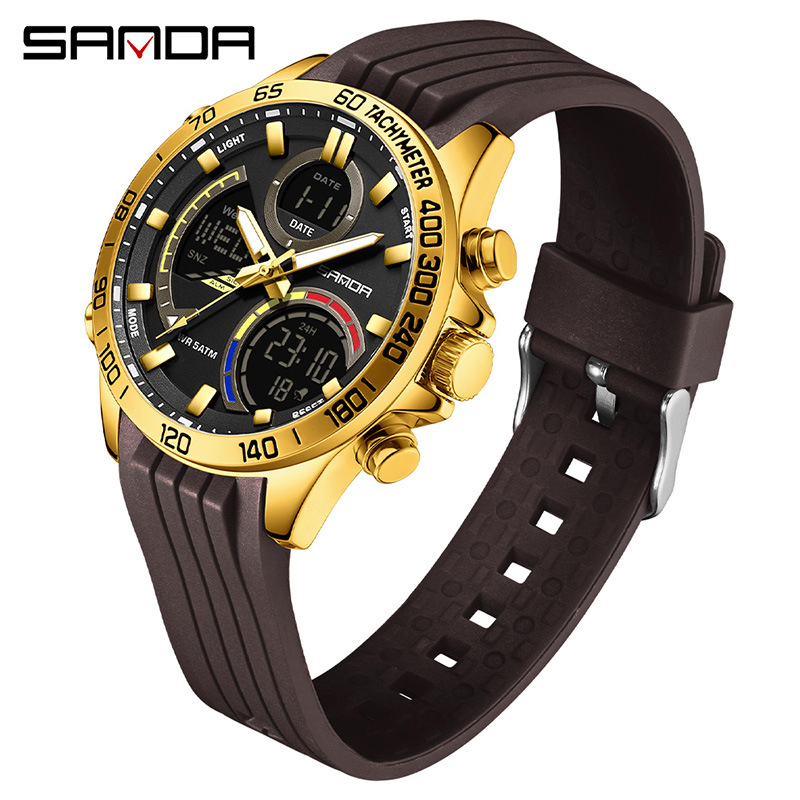 SANDA moda doble pantalla reloj electrónico para hombres multifuncional gran dial reloj de estudiantes de luz nocturna reloj de pulsera