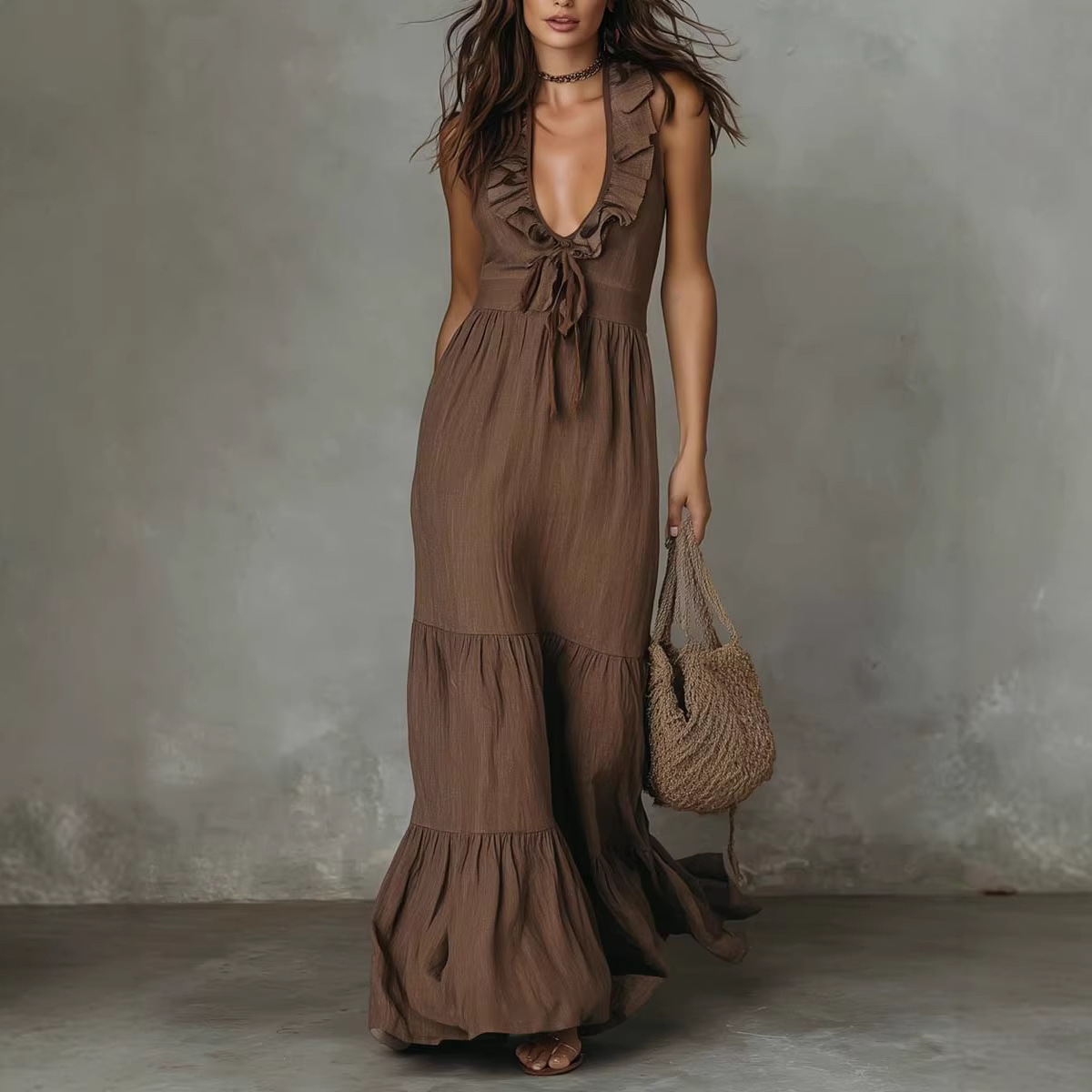 Breathable Linen-Blend V-Neck Maxi Dress, Sleeveless A-Line Shift Dress For Casual & Occasional Wear_ecoleips.com