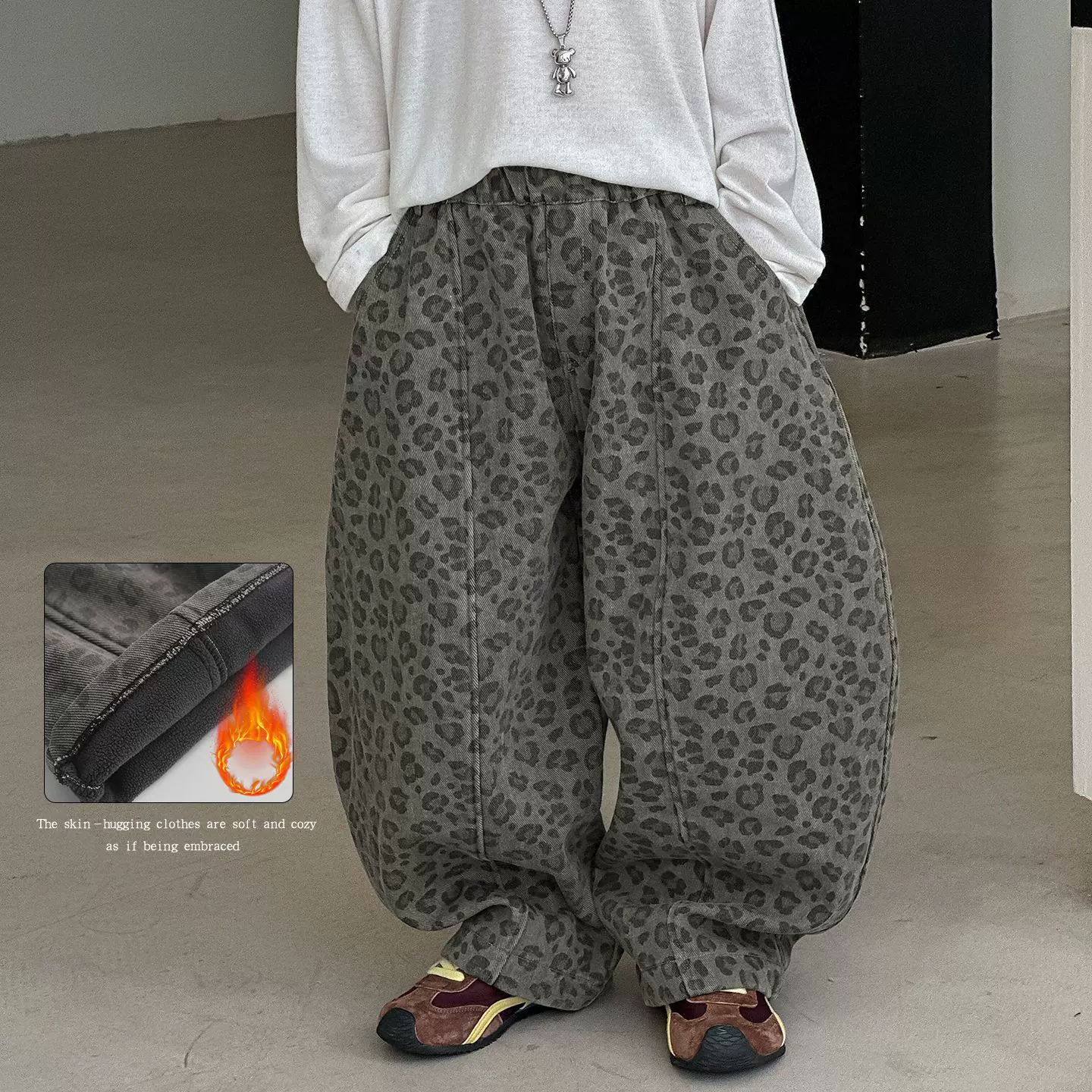 男童休闲裤儿童深秋韩版2025新款秋季童装豹纹加绒弯刀宽松个性潮