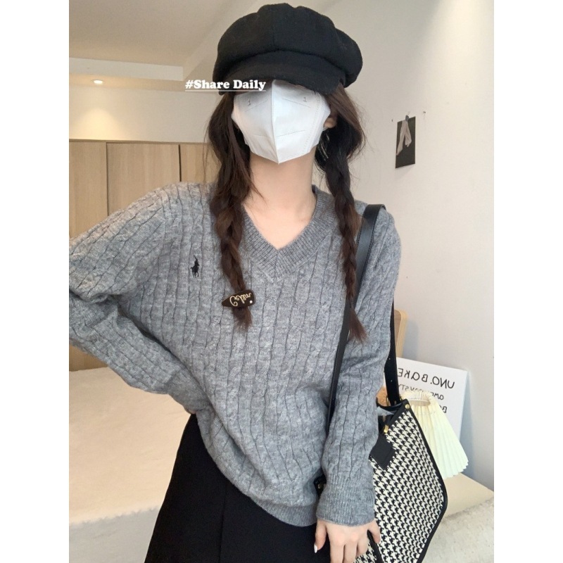 韓国風麻花Vネック無地プルオーバー長袖ニットセーター女性用刺繍入り秋冬トップスins風|undefined