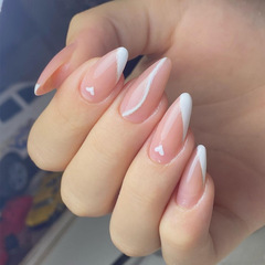 歐美跨境穿戴甲美甲甲片水滴形白色法式愛心指甲貼片可拆卸假指甲