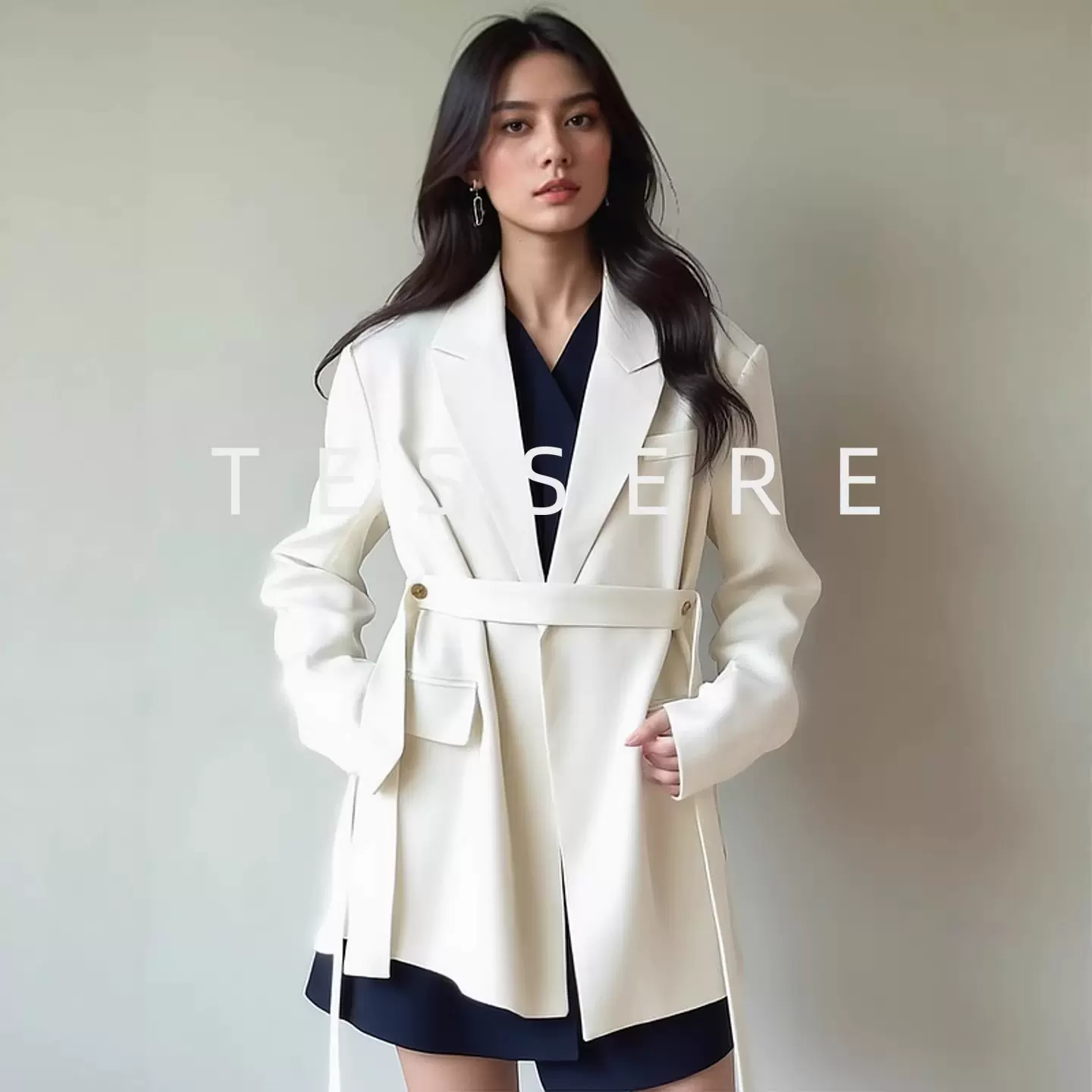 跨境设计感大码白色西服秋冬中长款飘带显瘦宽松时尚西装外套黑色