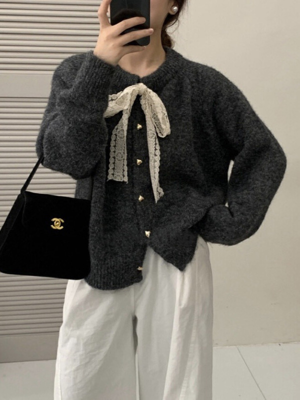韩系甜美风秋冬毛衣女宽松设计感蕾丝蝴蝶结圆领针织开衫外套上衣|undefined