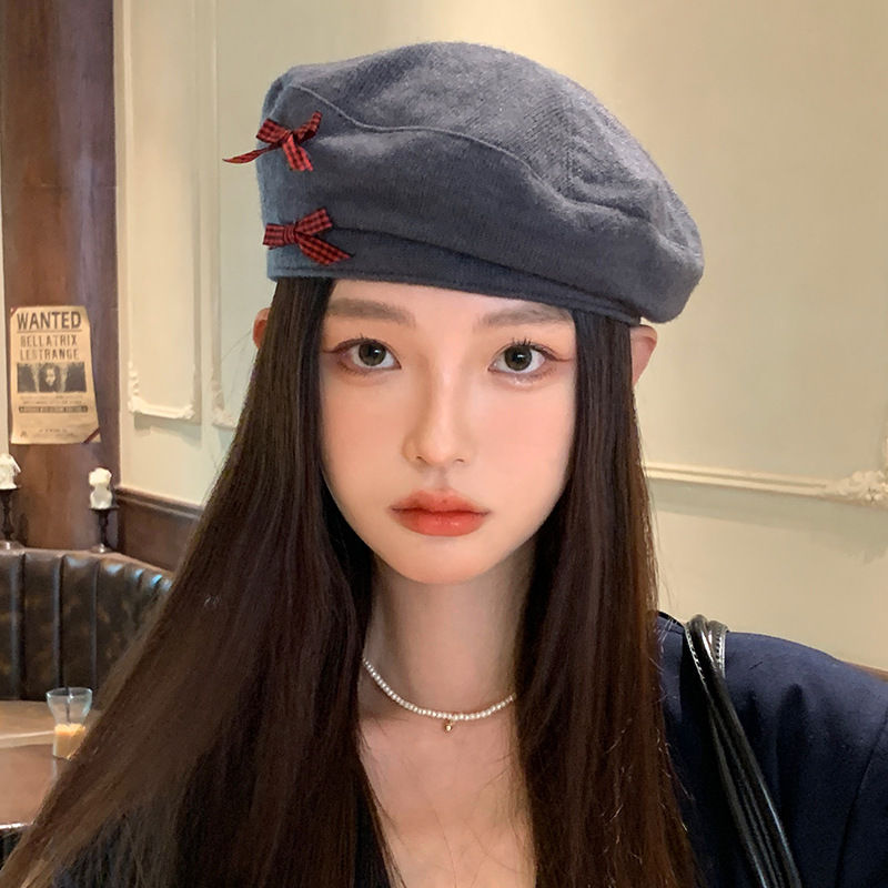 甜美可爱百搭蝴蝶结贝雷帽秋冬季休闲韩版大头围画家帽时尚报童帽|undefined