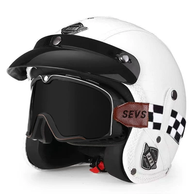 Motorcycle Safety Supplies — 3/4 Half Helmet Safety Helmet - 555-leather-helmet-white-large-frame-goggles-black-mirror-s