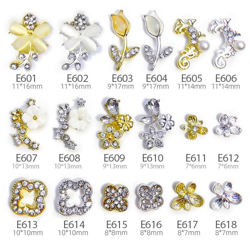 Niche Design Four-Leaf Clover Alloy Nail Art Jewelry Three-Dimensional Cat's Eye Metal Rose Flower Nail Diamond Jewelry Wholesale
