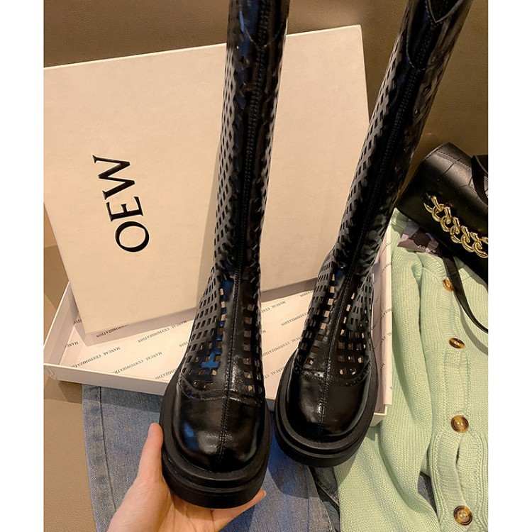 Boot nữ da bò đế dày cổ cao ống lưới — Màu nâu ống lớn, Màu đen cổ ống lớn, Ống nhỏ màu đen, Chu vi ống lớn màu trắng Be chi tiết 5
