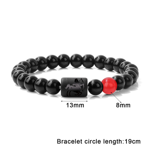 Men's 12 Zodiac Bracelet, Retro and Versatile, Bright Black Beads, Elastic Rope, Unisex Beads, Manufacturer Wholesale, European and American Cross-border