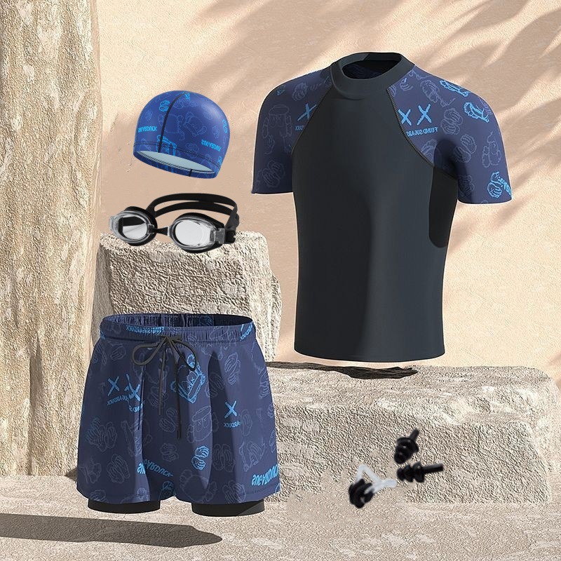 Blue bear suit + swimming cap + swimming goggles + nose clip earplugs