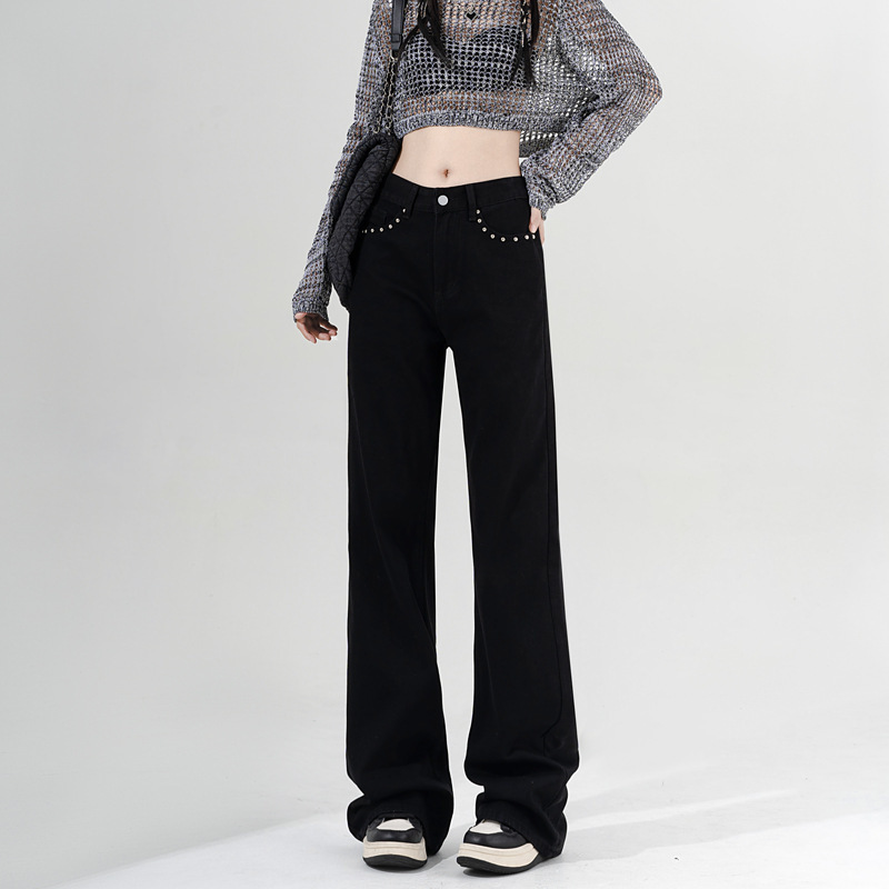 Black Studded American-Style Jeans for Women, Autumn 2026 New Model, Loose Wide-Leg Design, Niche Flared Straight Pants