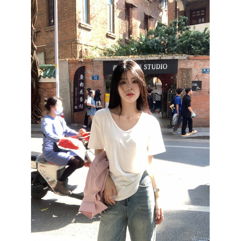 Cotton White U-Neck Short-Sleeve T-Shirt for Women, Summer Style, Inner Layer, Loose Fit, Slimming Top