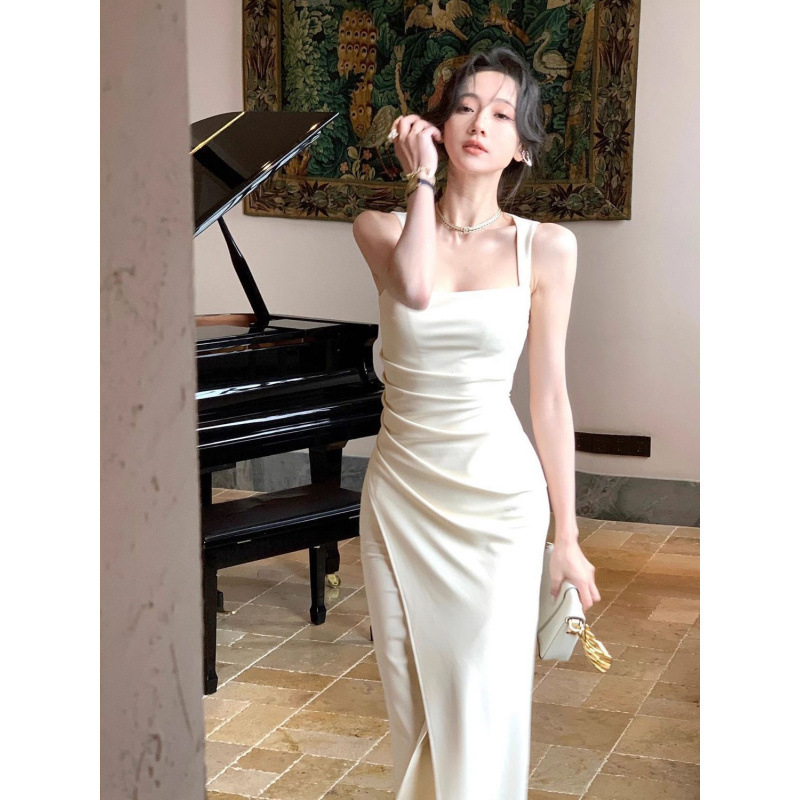 White Dress for Women, High-End Summer French Long Engagement Party Accessible Luxury Small Dress Elegant Satin Suspender Skirt