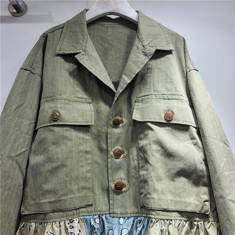 2025 otoño nuevo ejército verde empalme flor de caju color contraste chaqueta denim retro diseño sensación de nicho