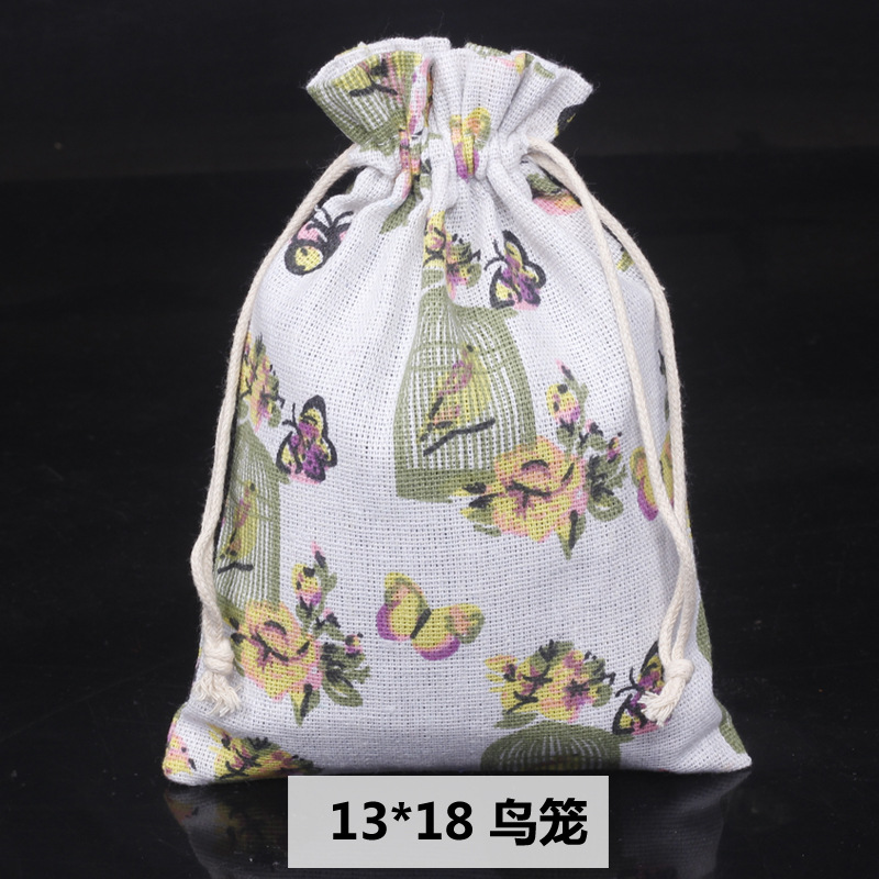 Ventas calientes de impresión de paquetes de cuerda de dibujo bolsas de impresión logotipo de lino bolsa de tela para el medio ambiente bolsa de almacenamiento de artículos 13 * 18