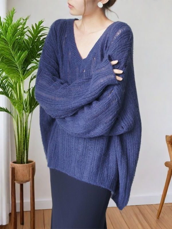 春秋季新款慵懒风针织毛衣女宽松外穿镂空鸡心领休闲显瘦打底衫薄|undefined