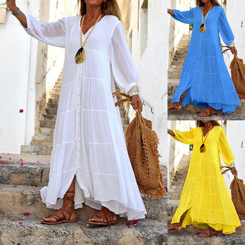 FD536 Auf Lager 2024 Cross-Border Damen Herbstkleid, einfarbig, V-Ausschnitt, langärmelig, im Boho-Stil, aus Baumwoll-Leinen._voghion.com