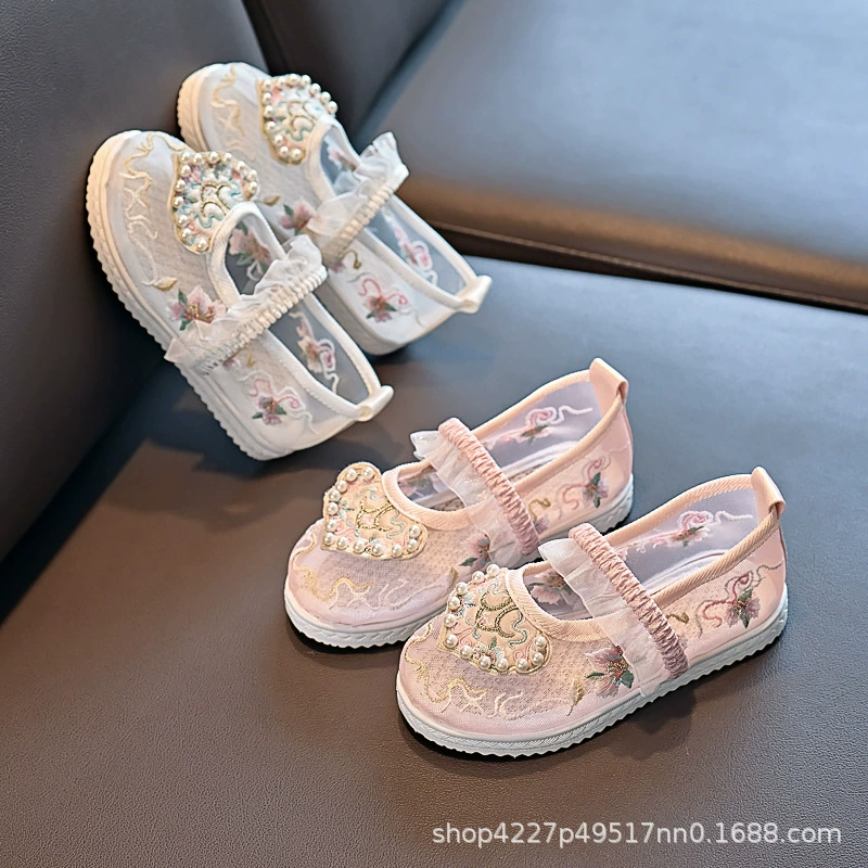 Девушки Hanfu обувь сетка пряжа дышащая летняя сандалия детская вышитая обувь в китайском стиле старый пекинский тканевые туфли