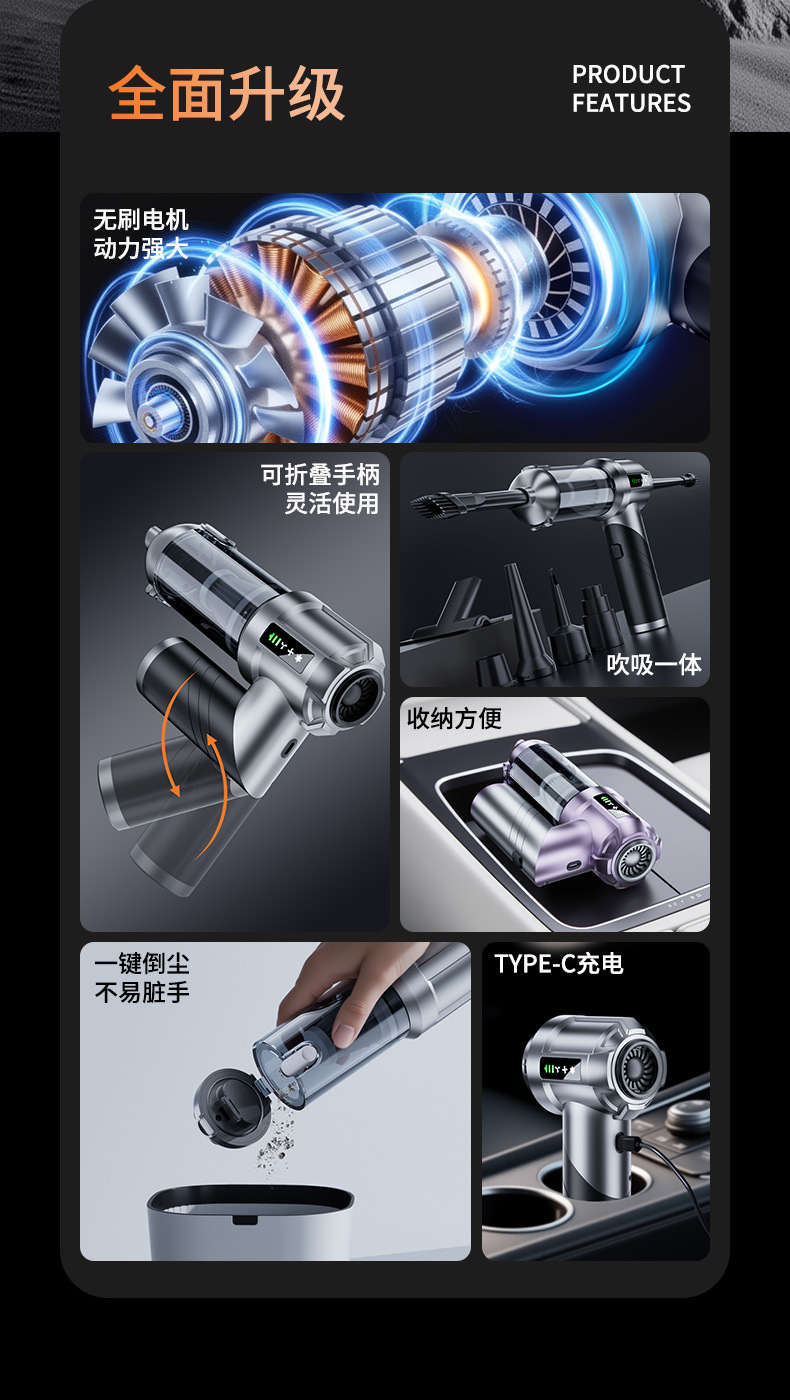 Car Vacuum Cleaner, Car Handheld Brushless Vacuum Cleaner, Wireless Dust Collector for Motorcycles, Suction and Blowing Dual-Purpose Pet Hair Collector