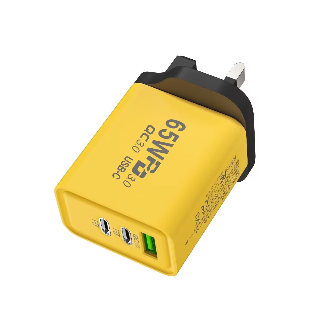Cargador de carga rápida para teléfono móvil de 65W, doble tipo C + USB único, multipuerto PD, carga rápida, estándar de EE. UU., estándar europeo, cabezal de carga estándar británico