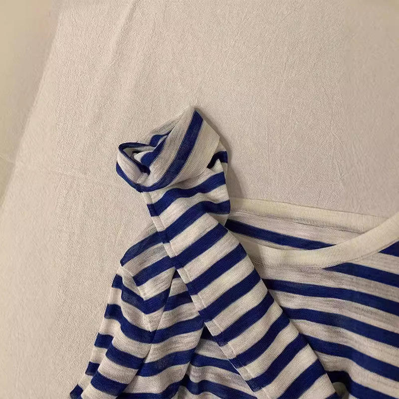 Korean Gentle Navy Blue Tencel Linen Stripesd Round Neck Long-Sleeved T-Shirt Sun Protection Air-Conditioning Shirt Knitted Ice Silk Top