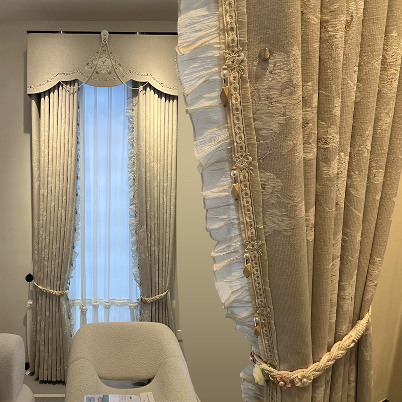 American-Style Jacquard Blackout Curtains for Bedroom, Light Luxury Chenille Floor-To-Ceiling Curtains, French-Style High-Precision Curtains for Villa Living Room
