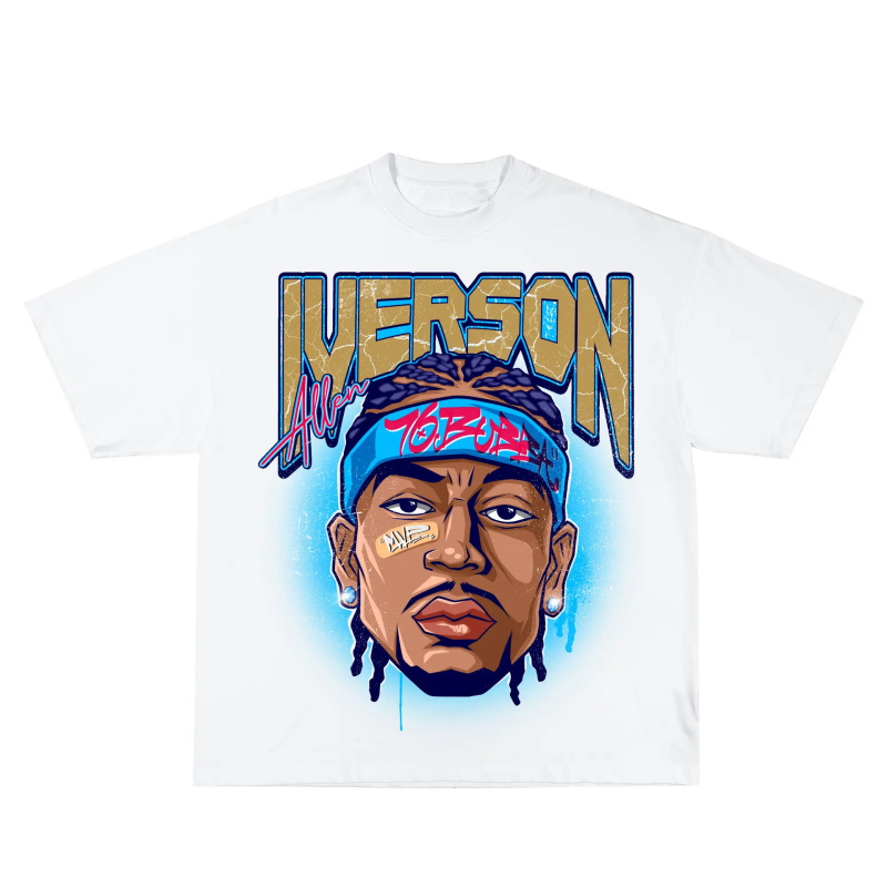European size pure cotton men's American retro street style 90s basketball portrait print T-shirt, trendy short sleeve