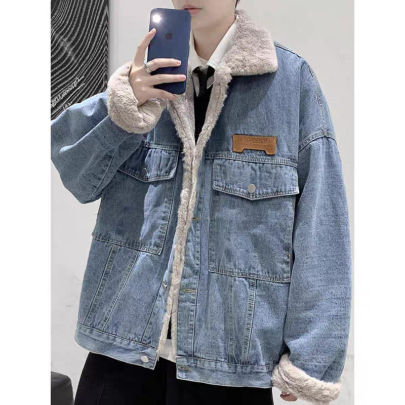 Winter Lapel Imitation Cashmere Cotton Jacket for Men 2025 New Thickeneded Warm Workwear Denim Jacket Cotton Jacket Trendy