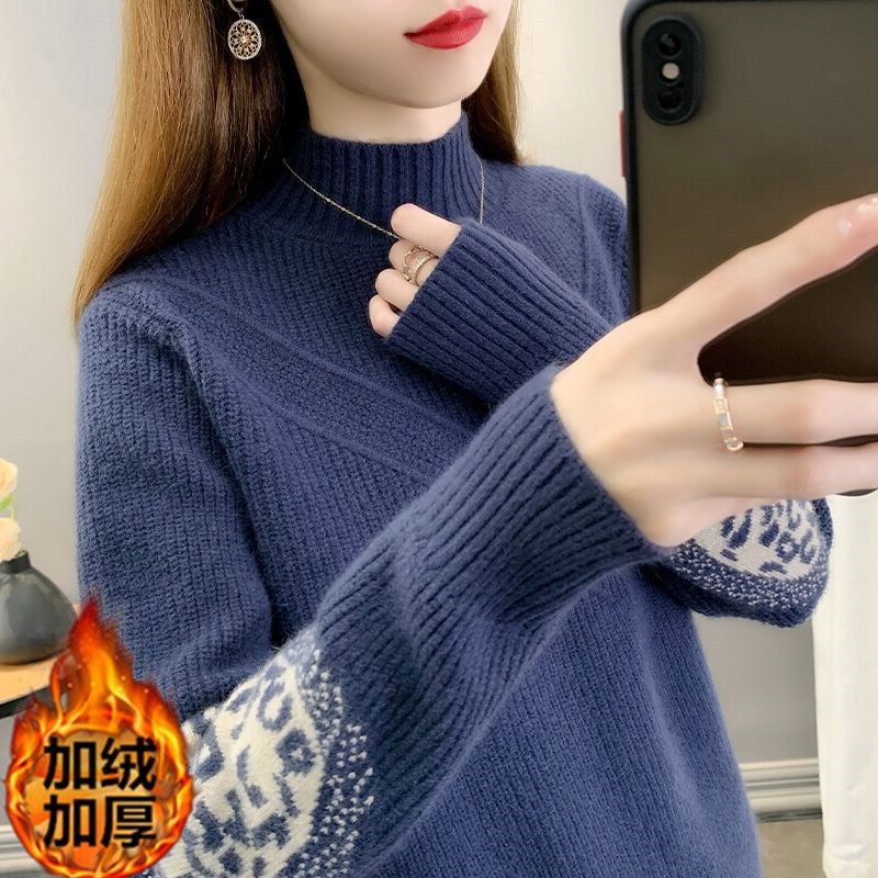 春装半高领毛衣女秋冬季新款韩版宽松慵懒风加绒加厚针织打底衫女
