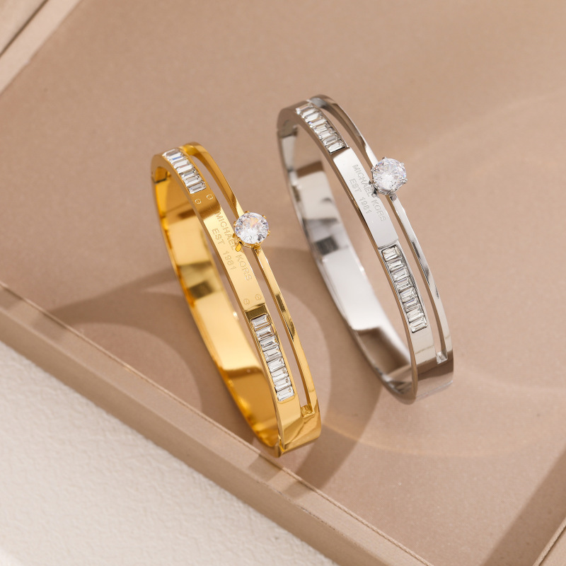 Korea's New Super Flash Double Row Diamond Zircon Single Diamond Rose Gold Bracelet Trendy Personalized Titanium Steel Bracelet Women's Jewelry Korea's New Super Flash Double Row Diamond Zircon Single Diamond Rose Gold Bracelet Trendy Personalized Titanium Steel Bracelet Women's Jewelry