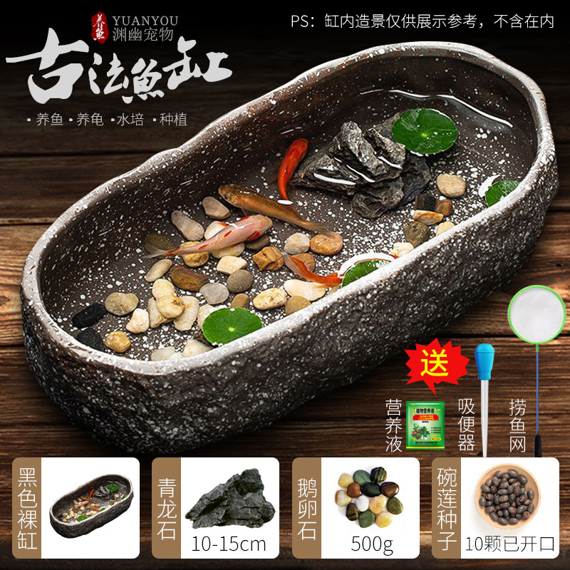 Tanque de peces antiguo, paisajismo ecológico, cuenco, lotus, lenteja de agua, lavabo de cerámica, balcón doméstico, piscina hidropónica, decoración pequeña, piedra de imitación