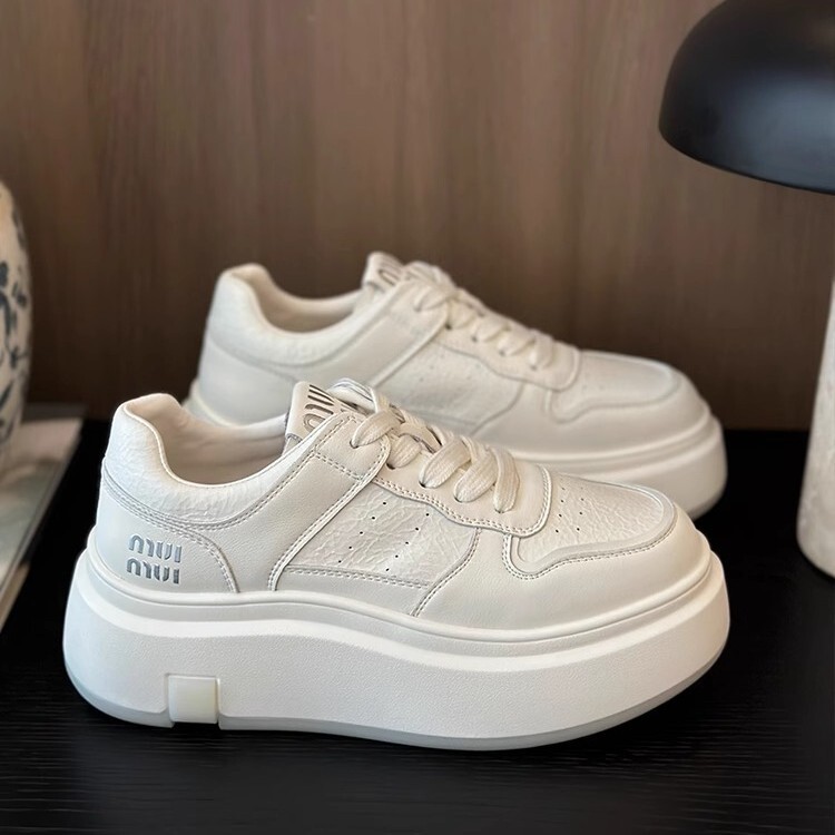 Thick-soled cowhide white shoes women's shoes 2025 new all-match sports casual shoes increased lace-up lightweight lace-up skate shoes