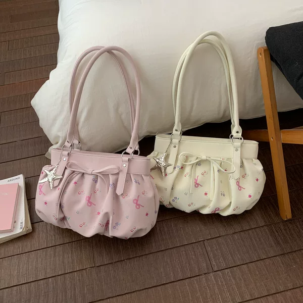 Korean Style Floral Bow Tote Bag for Women, New Fashion Pleated Handbag, Commuter Shoulder Bag, Underarm Bag