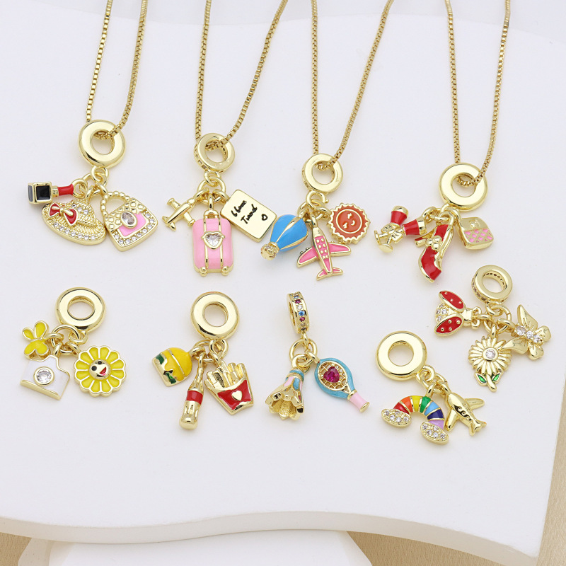 18K Gold-Plated Copper Sunflower Airplane Women's Bag High Heels Badminton Pandora Bracelet Pendant