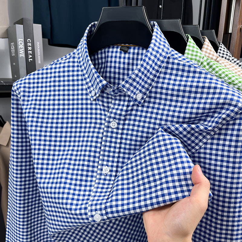 新款经典细格子长袖衬衫翻领男秋冬休闲潮流男士纯棉衬衣外套上衣