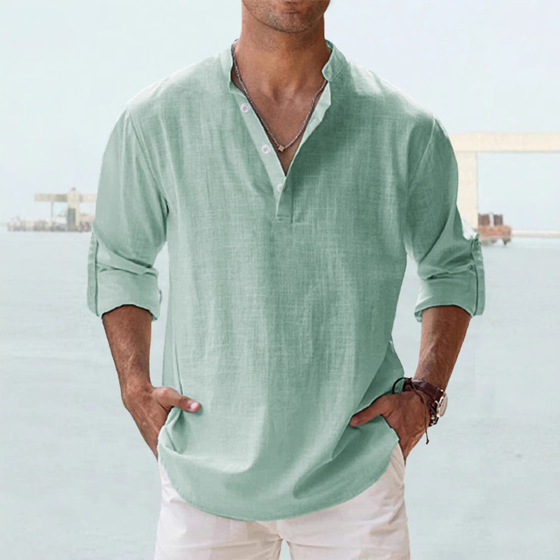 2023 Cross-border Foreign Trade Men's Linen Collar Long-sleeved T-shirt Loose T-shirt Solid Color Long-sleeved Cotton and Linen Shirt for Men